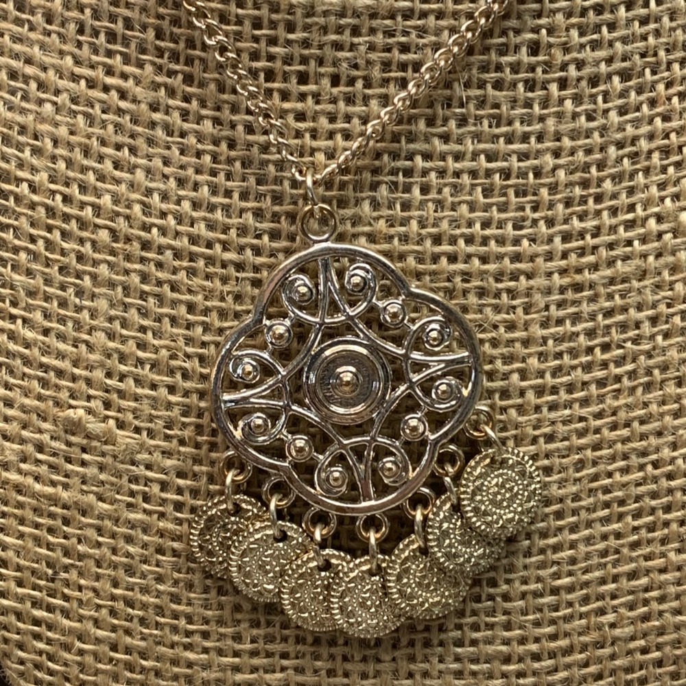 Gold Tone Filigree Coin Medallion Long Chain Necklace 32 Inch Boho Statement5657